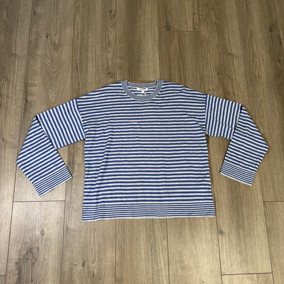 Madewell Merino Wool-Silk Blend Crew Neck Sweater WMNS M Blue Gray Striped NT621 - Picture 2 of 7